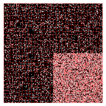 Figure 1. An example of a quadtree from the Assignment 3 writeup. The white dots represent particles, and the red lines represent the quadrants that each leaf node is assigned.